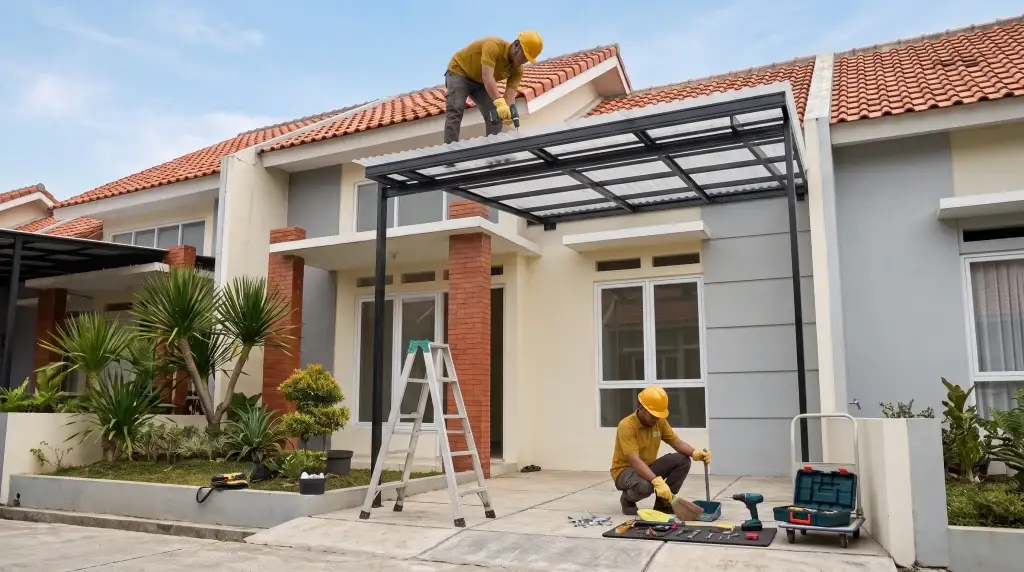 Tim pemasang memasang rangka kanopi pada rumah