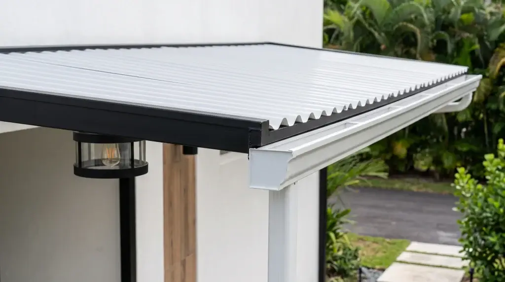 Detail rangka dan talang kanopi rumah yang terpasang rapi