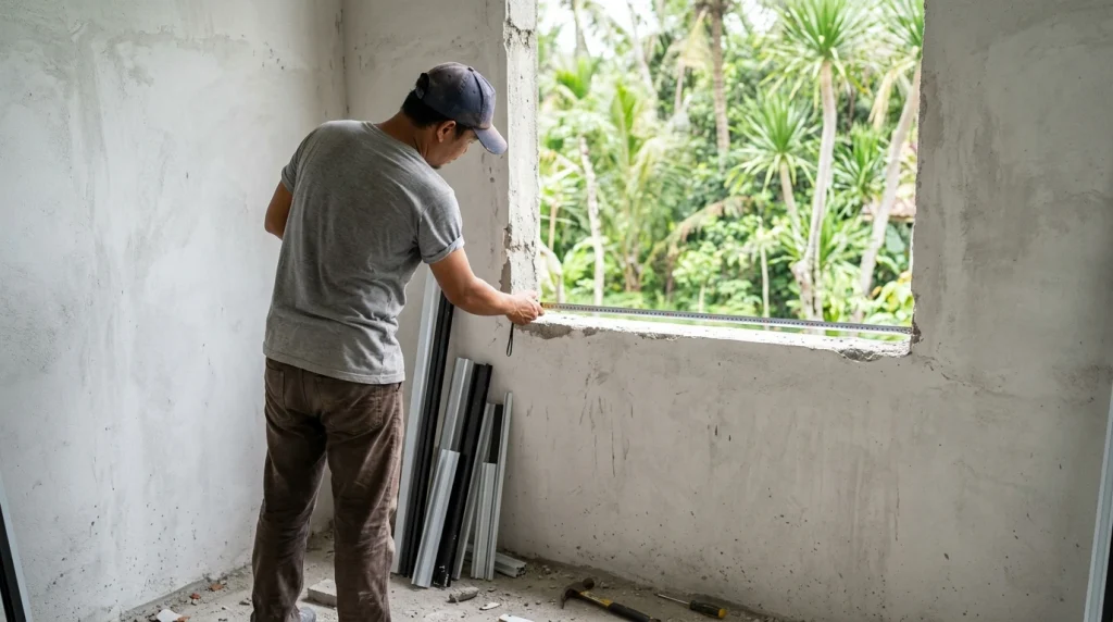 Pengukuran bukaan jendela sebelum pemasangan kusen aluminium